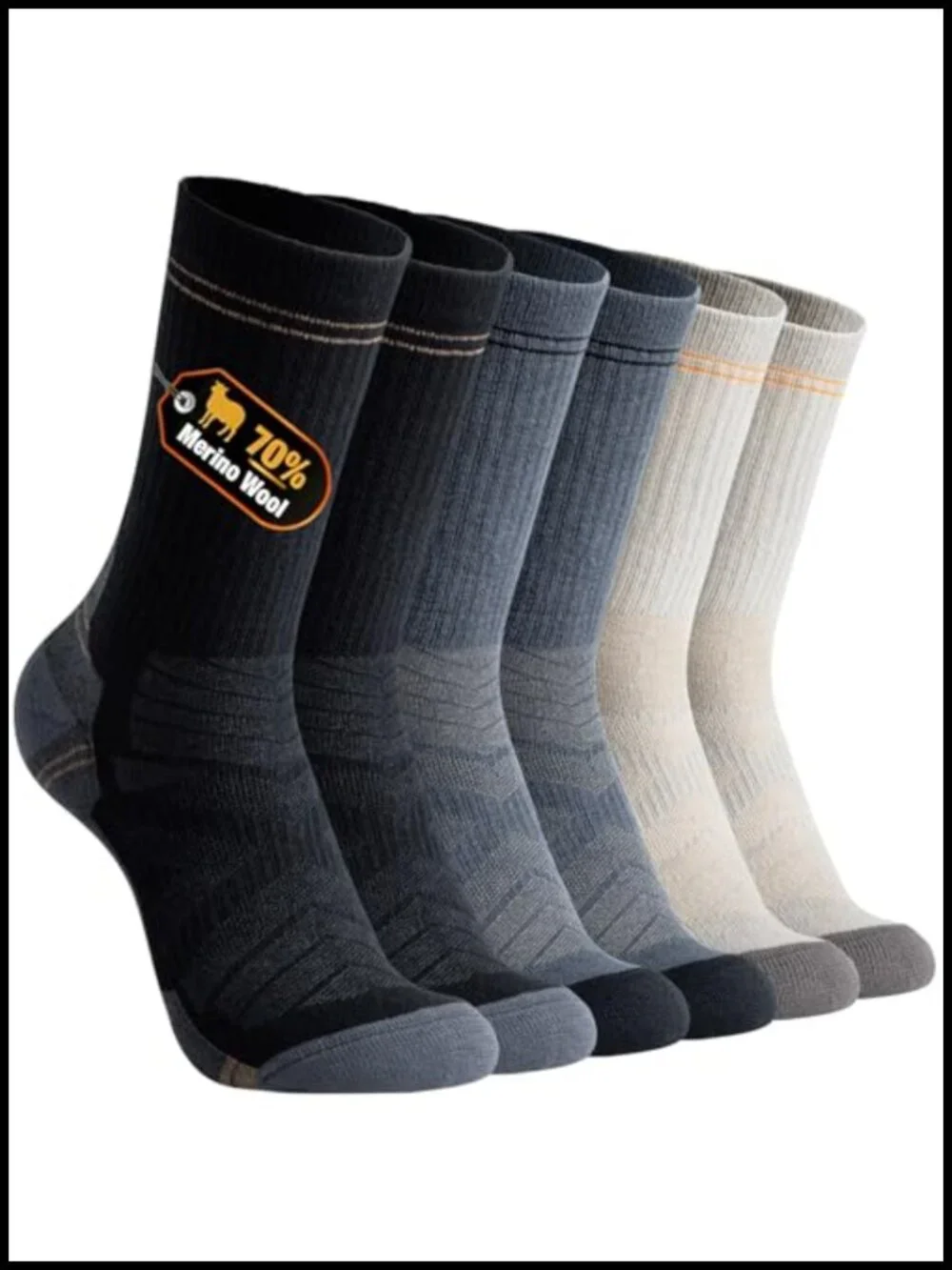 Men's 70% Merino Wool Light Cushion Crew Hiking Dress Socks Moisture Wicking
